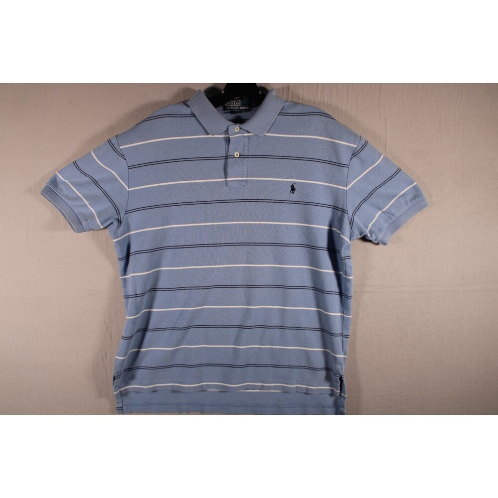 Polo Ralph Lauren Men’s Blue Striped Polo Shirt Size M 100% Cotton Short Sleeve